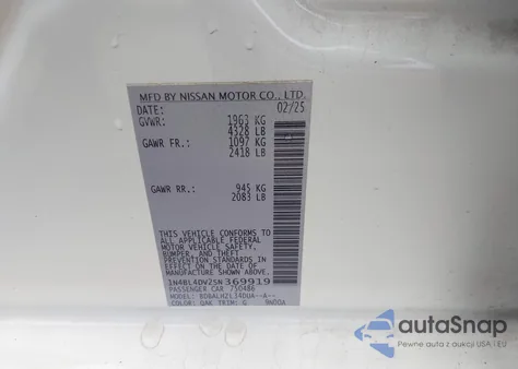 2025 Nissan Altima Sv Fwd z USA, uszkodzony, nr VIN 1N4BL4DV2SN369919